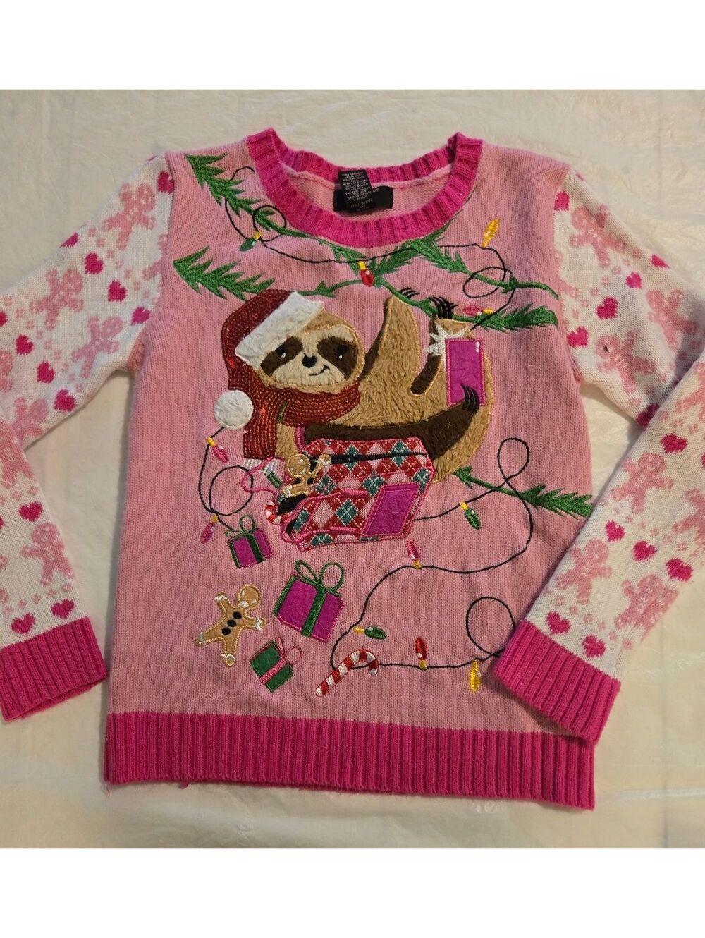 Tally Juniors Pink 3D Sloth Christmas Sweater Size L
